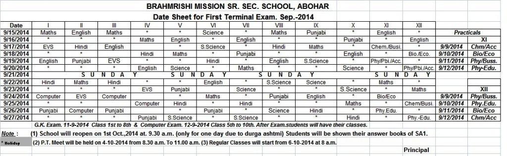 Date Sheet for 1st Terminal Exam (Sept.-2014)